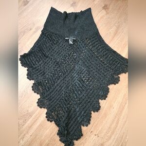 St. John Collection Black Crochet Knit Poncho with Ribbed Funnel Neck